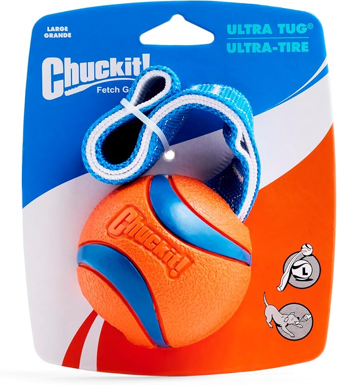 Chuckit! Ultra Tug Dog Toy, Durable Nylon Cord Handle, Large 3-in | Ultra Ball on a Tug-of-War Handle Offers Fetch and Tug Play for Large Breeds 60-100 lbs in Orange and Blue