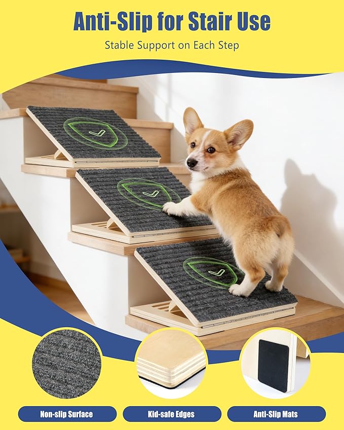 Dog Ramp for Stairs, 6 Pack Wooden Dog Stair Ramps for Small Dogs Only, Foldable Non-Slip Pet Ramp for Longer Indoor Stairs, Adjustable Step Support for Senior & Short-Legged Pets