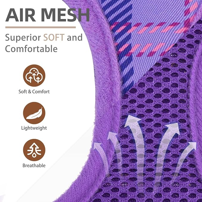 PUPTECK Dog Harness and Leash Set for Small Medium Dogs No Pull Step-in Soft Mesh Puppy Cat Vest Harnesses Reflective at Night, Plaid Pattern Purple S
