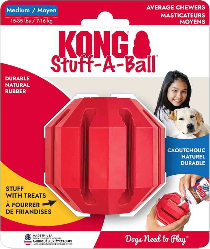 KONG Stuff-A-Ball, Natural Rubber Dental Chew Toy, for Medium Dogs | Stuffable Dental Chew Toy for Teeth Cleaning, Fill with Treats & Snacks to Keep Dogs Busy & Engaged at Playtime