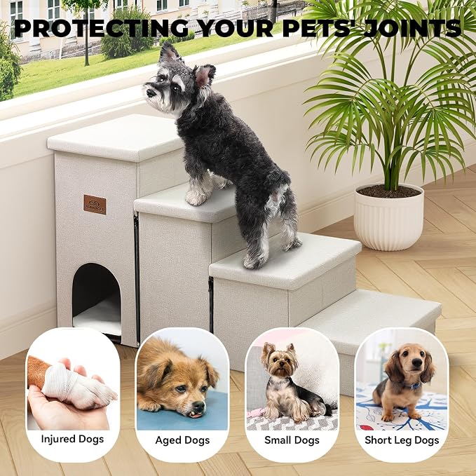 Zerbuger Dog Stairs with Condo 23" H, 4-Step Wider Folding Storage Pet Stairs Gift for Small/Medium/Large Old Dogs Cats, Dog Steps for High Beds Window, Ramp for Climbing Car Up to 200 lbs, Beige