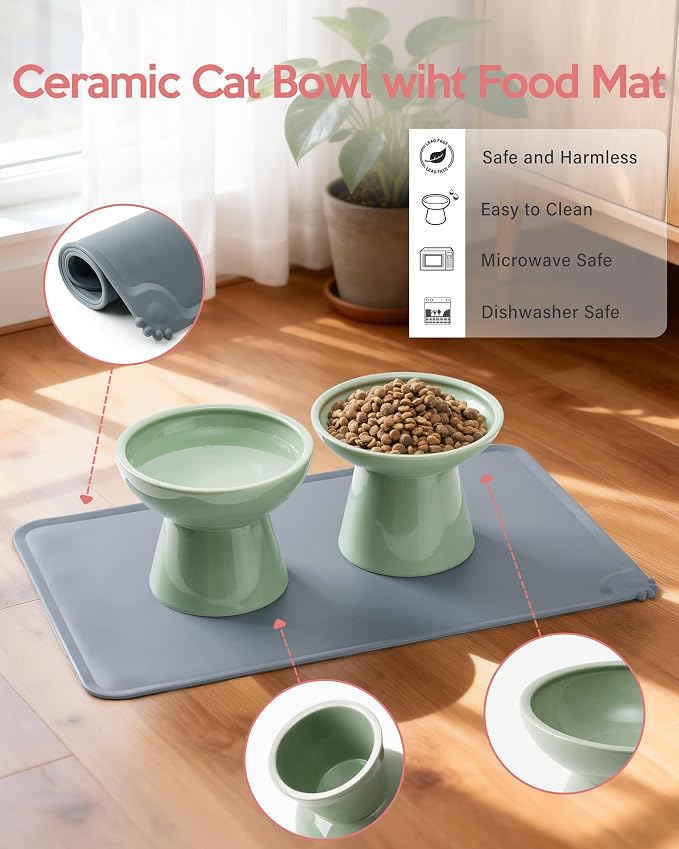 CEEFU 2 Elevated Ceramic Cat Bowls Upgraded with Food Mat, Extra Wide for Food & Water – Whisker Fatigue Shallow Food Dish, Lead & Cadmium-Free, Raised Height for Cats, Sage Green