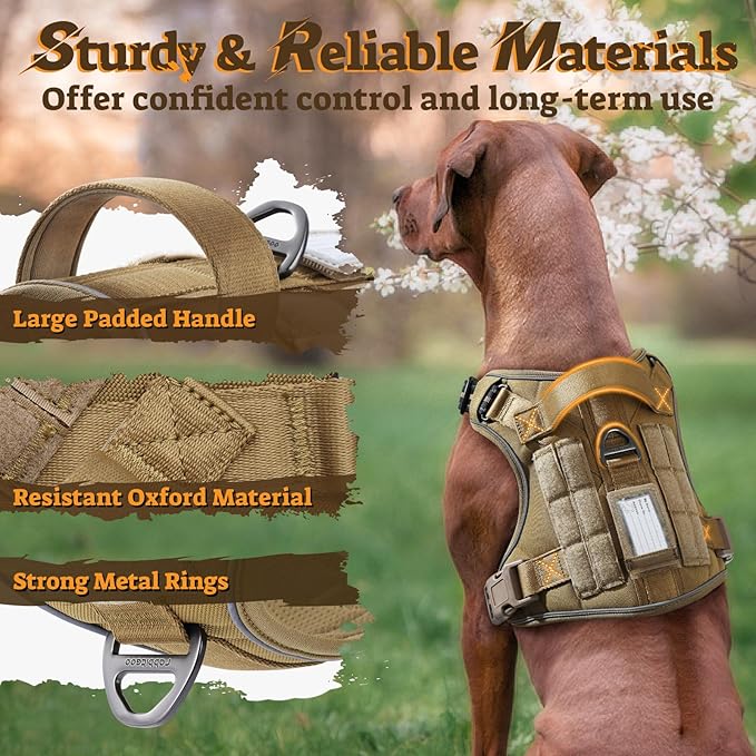 rabbitgoo Tactical Dog Harness for Small Dogs, No Pull Service Pet Vest | Military Molle System & Easy Control Handle, Adjustable and Reflective for Walking and Training, Brown, Small