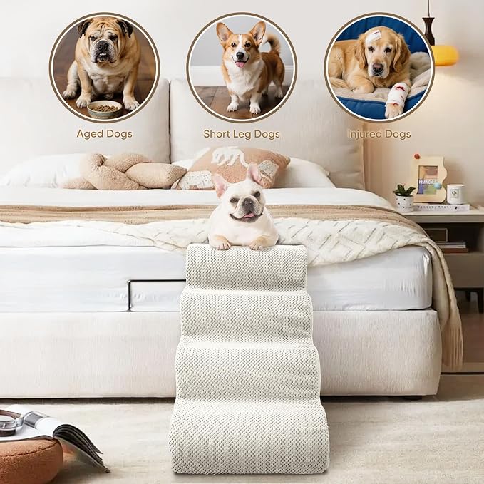 PAWSCRAT Pet Stairs for Dogs 5-Step, 22.8" H Pet Stairs for High Bed, Couch Sofa & Chair, 30D Material Soft Foam Dog Steps with Non-Slip Bottom Surface Removable Washable Cover, Beige
