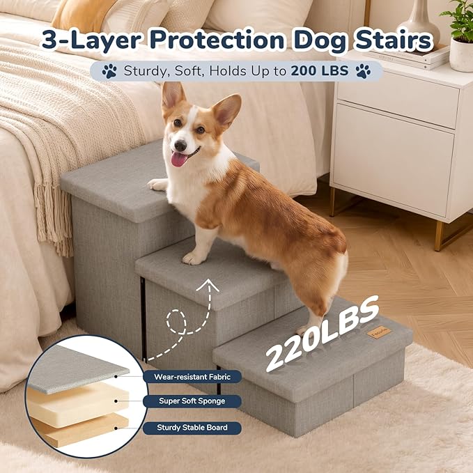 3-Step Wide Dog Stairs with Hidden Storage 18" H, Non-Slip Dog Steps for High Bed Couch Window Car, Jiont-Friendly Pet Stairs Ramp for Small/Medium/Large Old Dogs Cats Up to 220lbs, Grey