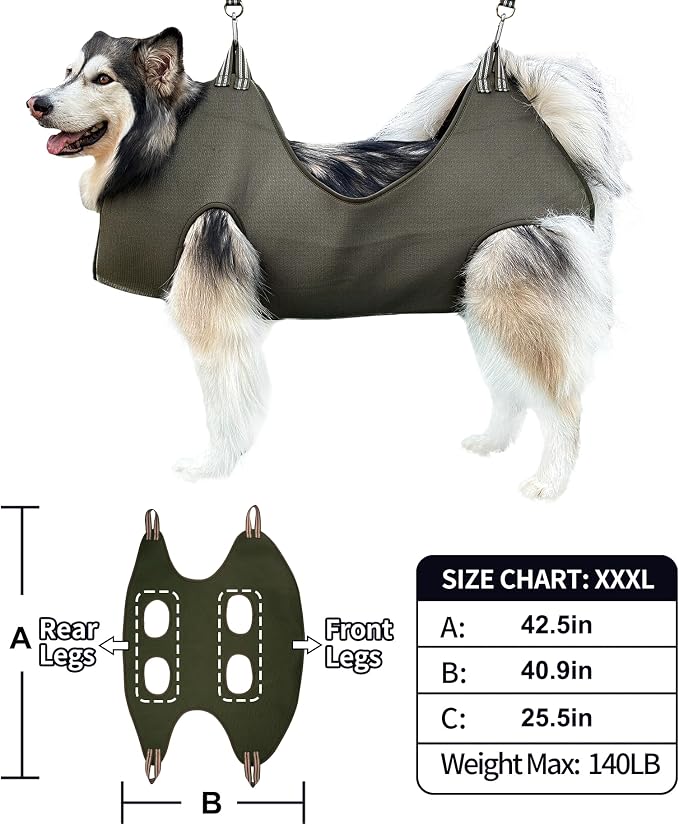 Kkiimatt 10-in-1 Pet Grooming Hammock - XXXL/Under 140lb Khaki Green
