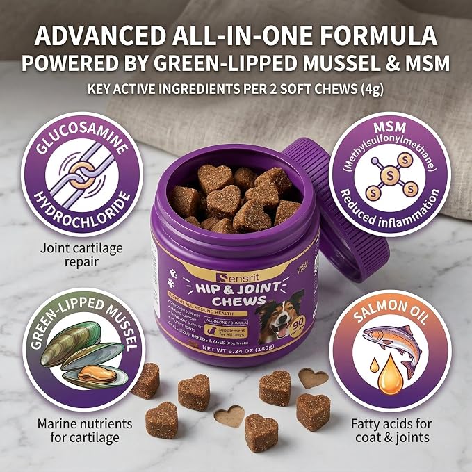 Hip and Joint Chews for Dogs - All-in-One Mobility Support with Glucosamine, MSM, Chondroitin & Green Lipped Mussel - 90CT Chicken Flavor - Helps with Dog Stiffness, Limping & Recovery.