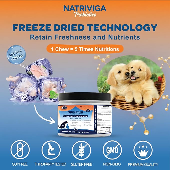 Freeze-Dried Probiotics for Dogs - Support Gut Health, Itchy Skin, Allergy, Immunity, Yeast Balance - Plus Digestive Enzymes, Omega-3, Zinc & Prebiotics - Reduce Diarrhea, Gas - (Chicken, 120 Chews)