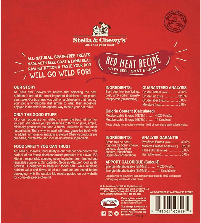 Stella & Chewy's Freeze-Dried Raw Wild Weenies Dog Treats - High-Protein Training Treats for Dogs & Puppies - All-Natural Red Meat Recipe with 97% Meat & Organs - USA Made - 3.25 oz Bag (Pack of 2)