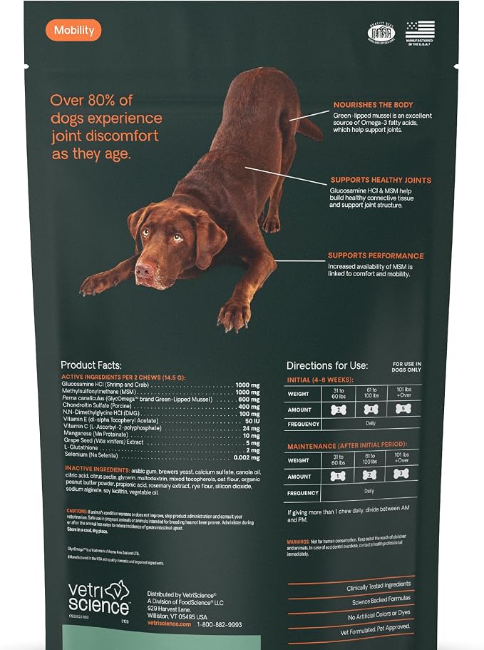 VetriScience Ultimate Strength Healthy Hip & Joint Chews, GlycoFlex Glucosamine, Chondroitin and Green-Lipped Mussel Joint Support Supplement for Dogs, Soothe Discomfort, Peanut Butter, 60 Chews