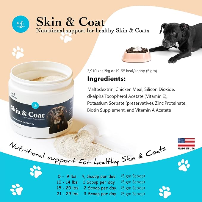 Skin and Coat Supplement Powder for Small Dogs- Anti Allergy Treatment and Itching Relief- with Vitamins A, E and Biotin - Care Products and Shedding Control Supplements for Itchy Pets