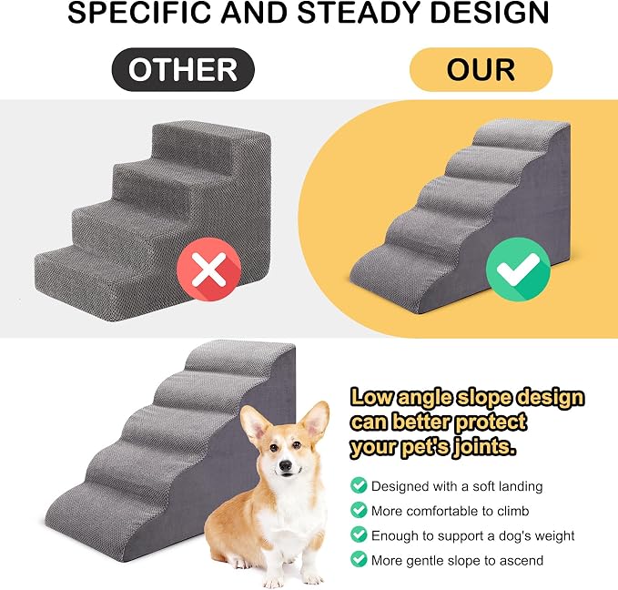 CiWiVOKi Dog Stairs for Bed and Couch, Non-Slip 5-Step Pet Stairs, 24" High Sofa Foam Dog Ramp - Best for Small Pets, Dogs and Cats with Joint Pain