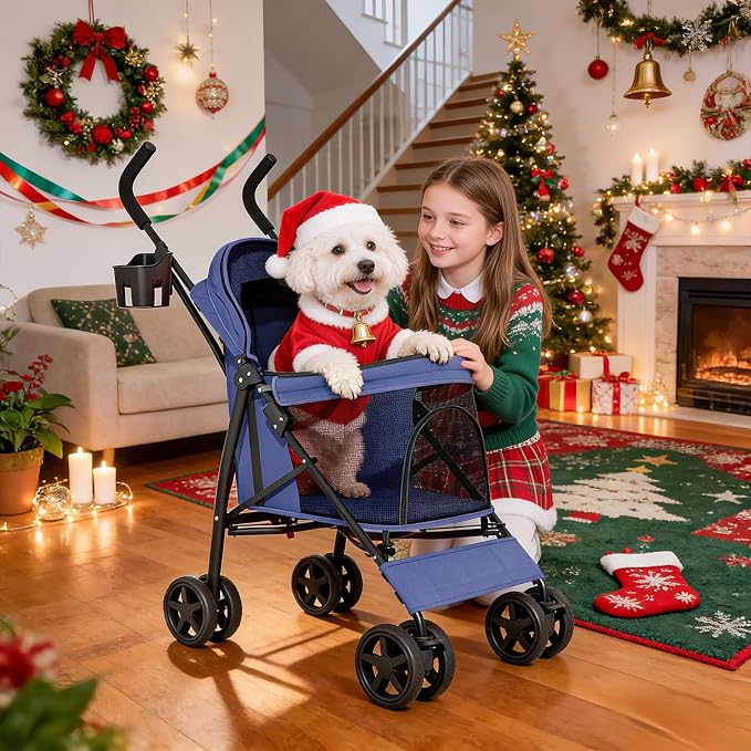 MoNiBloom 4-Wheel Foldable Pet Stroller - Navy Blue, up to 22lbs