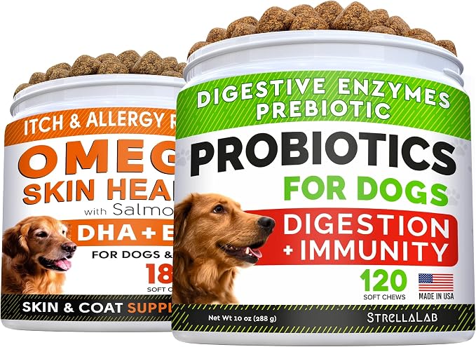 Fish Oil Omega 3 Treats for Dogs + Dog Probiotics Treats for Picky Eaters Bundle - Allergy Relief, Joint Health, Itch Relief. Skin & Coat Supplement + Enzymes + Prebiotics for Digestion Support