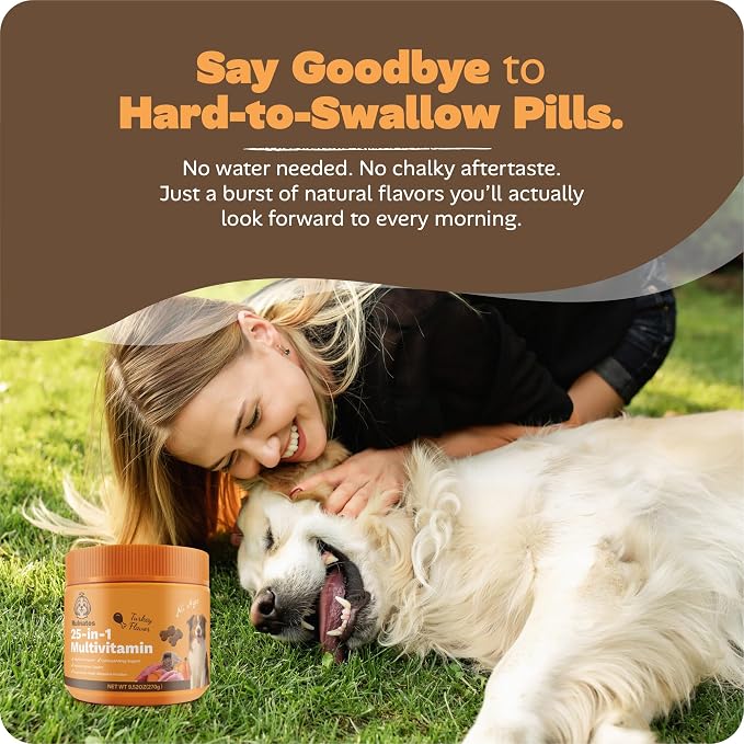 25-in-1 Dog Multivitamin, Chewable Supplements for Hip & Joints, Immune System, Gut & Digestive, Calming & Allergy Support, Omega 3 for Puppy & Seniors Dogs - 90ct (Turkey)