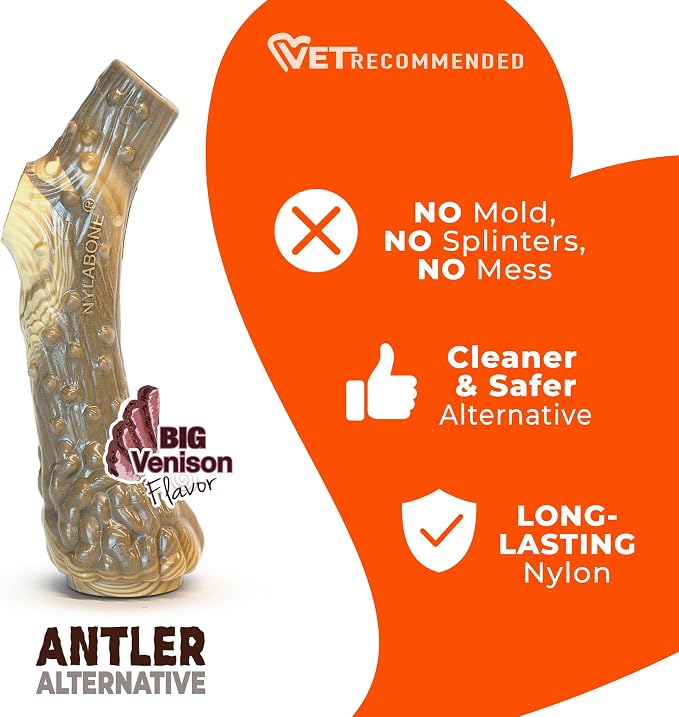 Nylabone Power Chew Antler Alternative Nylon Chew Toy for Dogs, Dog Toys for Aggressive Chewers, Venison Flavor, Medium/Wolf (1 Count) | Splinter-free, durable dog toys for aggressive chewers, long lasting, discourages destructive chewing, for dogs up ...
