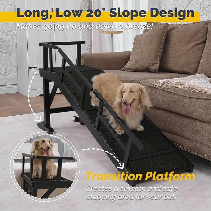 Dog Ramp for Bed or Couch, Wooden Pet Ramp with 20° Gentle Slope, Removable Side Rails, Non-Slip Surface, Top Platform & Wheels, Safe Bed Ramp for Small, Large & Senior Dogs, 60" Long, Black