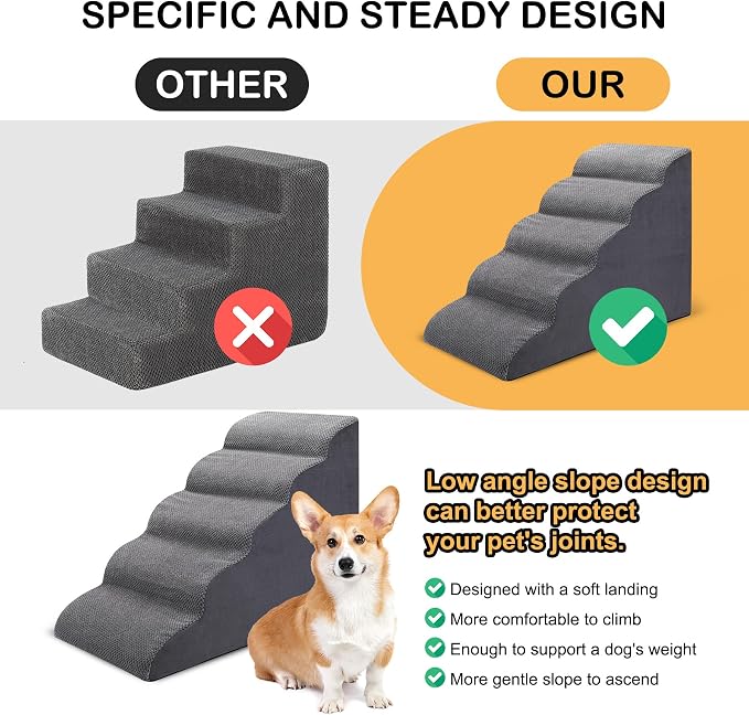 CiWiVOKi Dog Stairs for Bed, 5-Step Dog Steps for Couch and High Bed, Non-Slip Pet Stairs, 24" High Sofa Foam Ramp - Best for Small Pets, Older Cats with Joint Pain