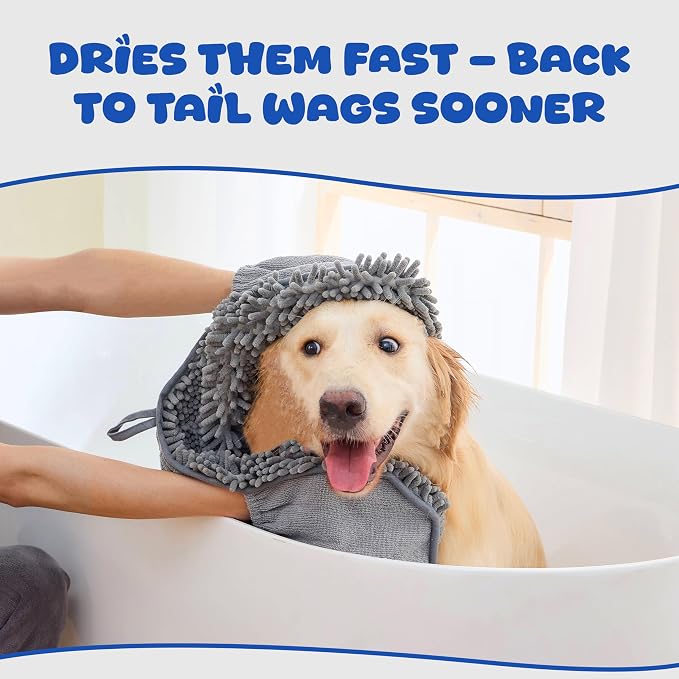 Microfiber Dog Bath Towel – Super Absorbent Dog Towels for Drying Dogs Large & Small, Quick Dry Pet Towel with Hand Pockets, Soft & Durable Puppy Towel, Machine Washable – Grey