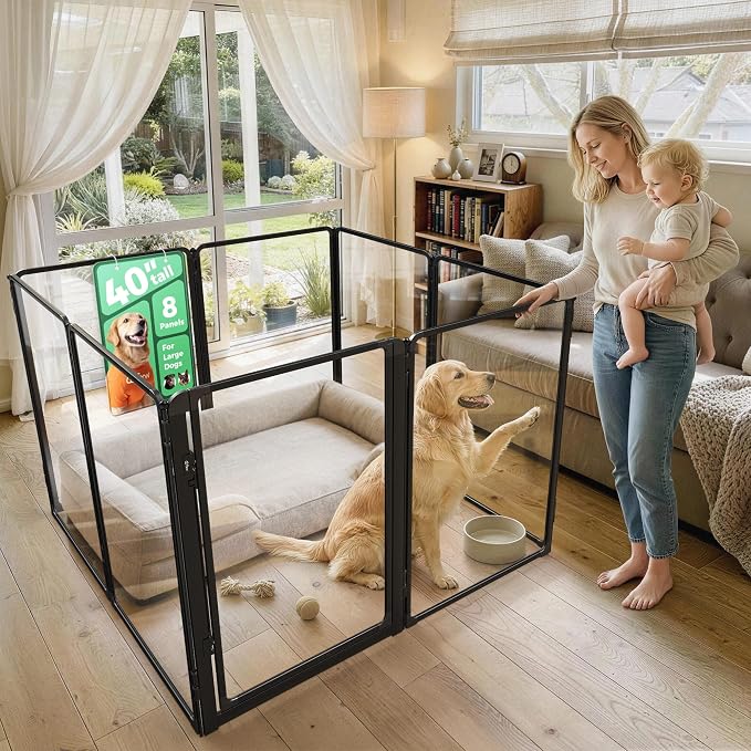 FXW AuraSpace Pro Acrylic Indoor Dog Playpen, Heavy-Duty with Metal Frame, 40" Height 8 Panels for Medium and Large Dogs, Black│Patented