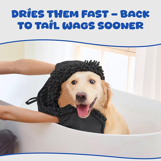 Dog Towel Microfiber – Super Absorbent Fast Dry Dog Towels for Drying Dogs, Soft Pet Bath Towel with Hand Pockets, Large & Small Dogs, Machine Washable (Black)
