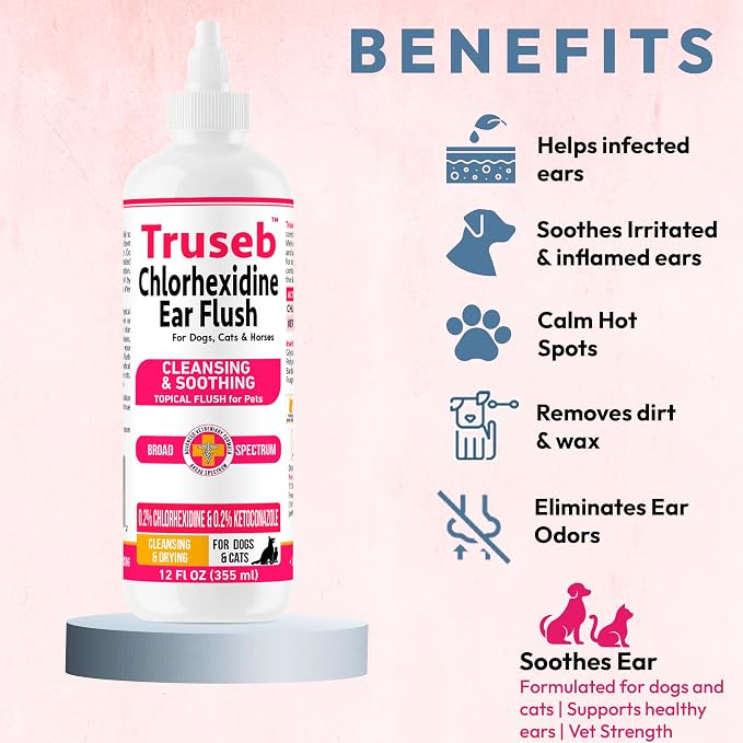 Truseb Advanced Topical Dog Ear Wash with Ketoconazole & Chlorhexidine, 12 oz