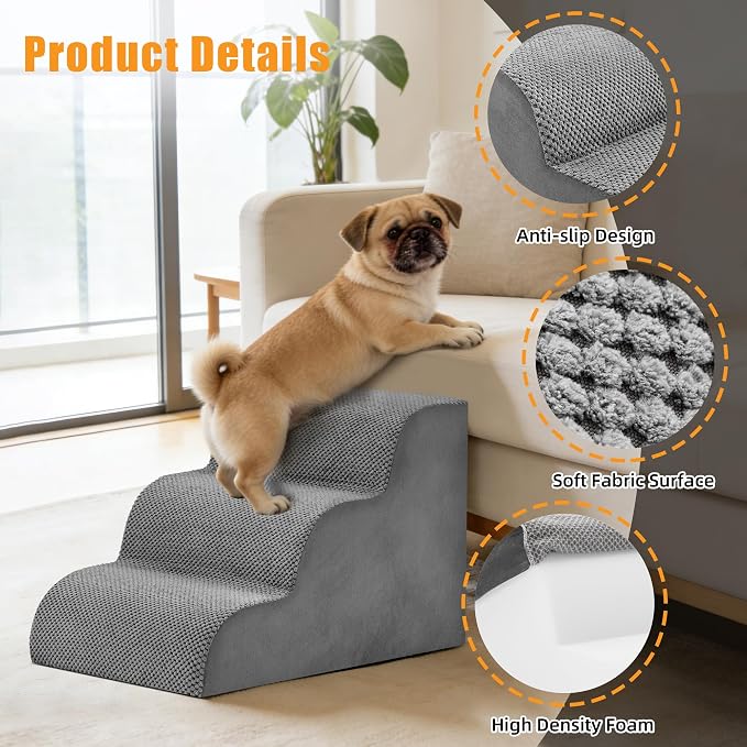3-Step Dog Stairs for Small Dogs and Cats, 16" H Dog Steps for Couch, Sofa, Chair, Durable Non-Slip Sturdy Pet Steps, Pet Ramp for High Bed Indoor, Grey