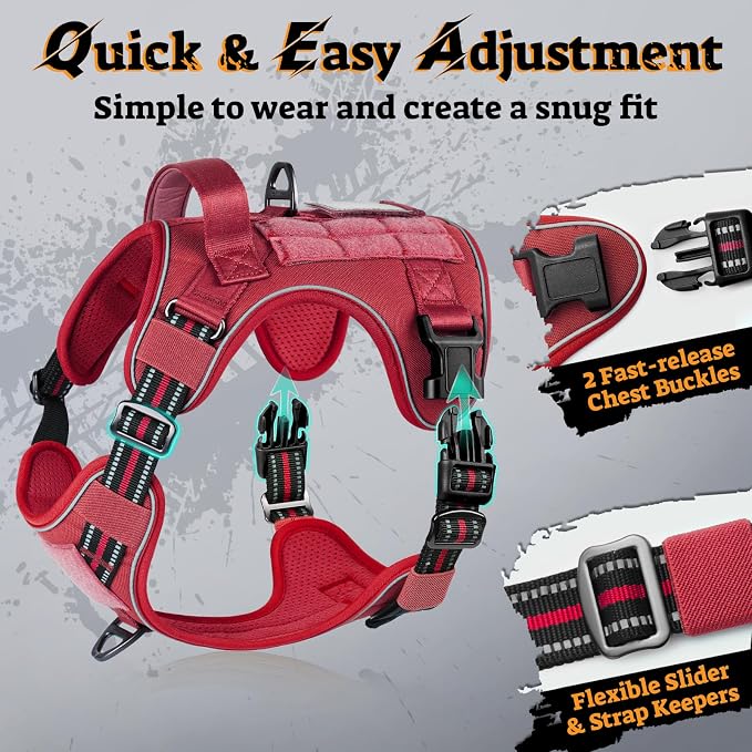 rabbitgoo Tactical Dog Harness Medium Sized, No Pull Service Pet Vest | Military Molle System & Easy Control Handle, Adjustable and Reflective for Walking and Training, Red, Medium