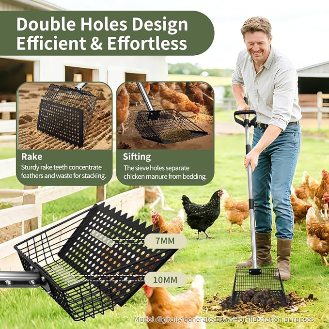 Chicken Poop Scooper & Rake 2-in-1, Heavy Duty Metal Pooper Scooper for Chicken Coop Cleaning, Adjustable Long Handle up to 61", 30° Ergonomic Manure Scoop for Sand Sifter, Bedding