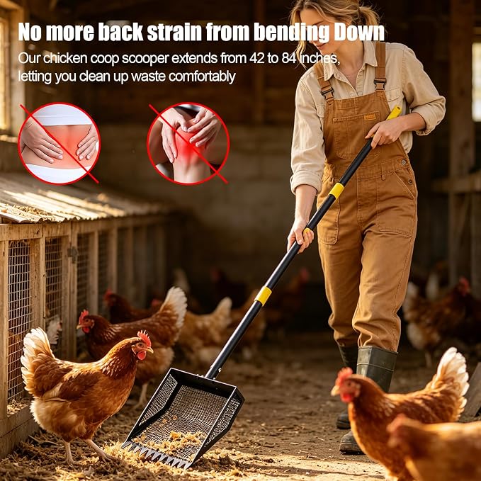 Ihomepark Chicken Poop Scooper & Rake, 42-84" Adjustable Chicken Coop Shovel, 2-in-1 Heavy Duty Iron Sand Sifting Litter Rake for Chicken Coop, Goat, Cat Litter & Barn Yard Waste