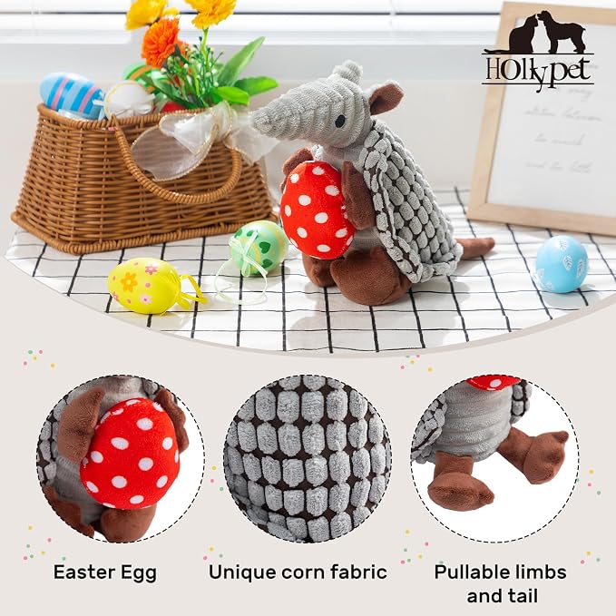 Hollypet Armadillo Squeaky Puppy Dog Toys for Small Medium Dogs, Red Egg | plush stuffed small dog squeak animal toy with unique grunt squeaker textured fabric for teeth cleaning toys