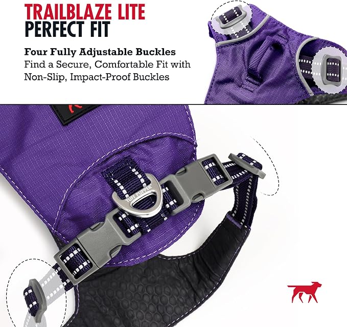 Tuff Pupper All-Day Wear Dog Harness | for Walking, Trail Running, Hiking | Front & Back Leash Clips | Reflective Trim | Easy On/Off Buckles | Lightweight Breathable | No Pull Design (Medium, Purple)