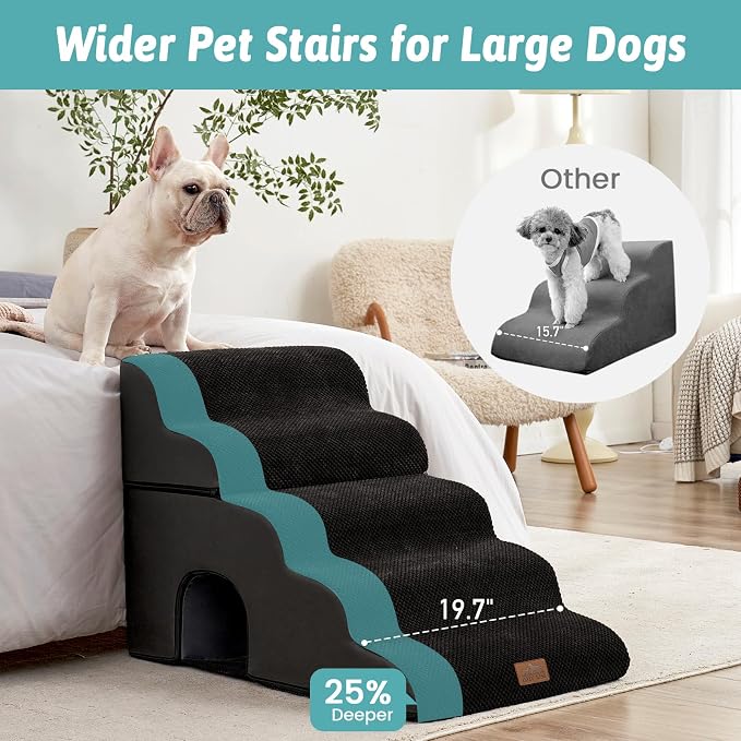 COZY KISS Small Dog Stairs with Tunnel, 5 Step Pet Ramp for High Bed | Curved Stable Dog Step for Puppy, Older Cat, Senior, Medium, Short-Legged Dog, Non-Slip Ladder for Car, 22.4" H, Black