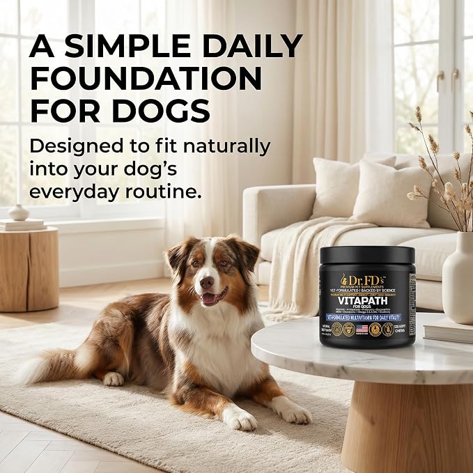 Dr. FD's VitaPath Dog Multivitamin, Vet-Formulated Soft Chews, 120 Count, Daily Vitamins with Antioxidants and Omegas for Skin and Coat, Energy and Healthy Aging, Natural Beef Flavor