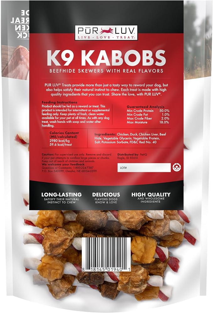 Pur Luv Dog Treats, K9 Kabobs Made with Real Chicken and Duck, 12 Ounces, Dog Snacks, Healthy, Easily Digestible, Long-Lasting, High Protein Treat, Satisfies Urge to Chew