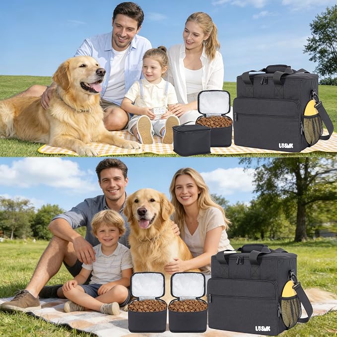 Dog Travel Bag Large Set with Food Containers, Bowls & Feeding Mat, Black