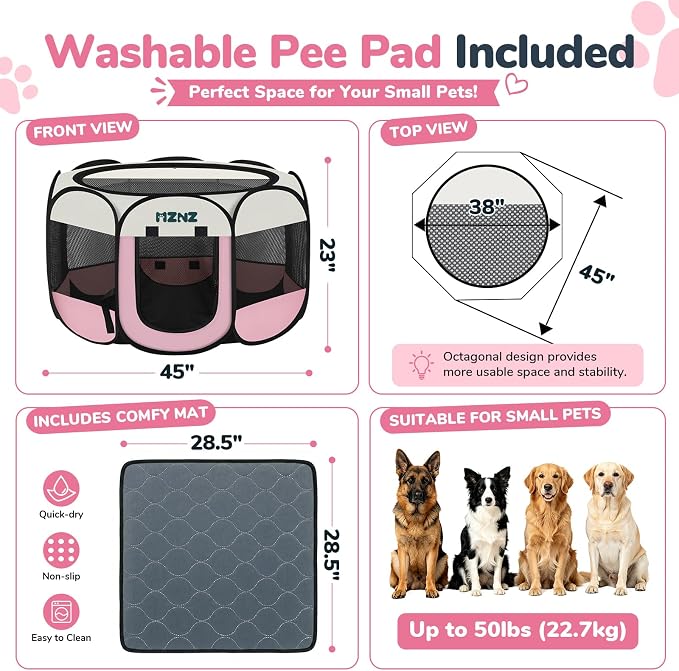 Dog Playpen with Pee Pad, Portable Puppy Pet Crate Indoors for Small/Medium/Large Dogs Cats Rabbits, Foldable Dog Cage Enclosure for Outdoor, Pop Up Dogs Tent Kennel with Carrying Case, Pink