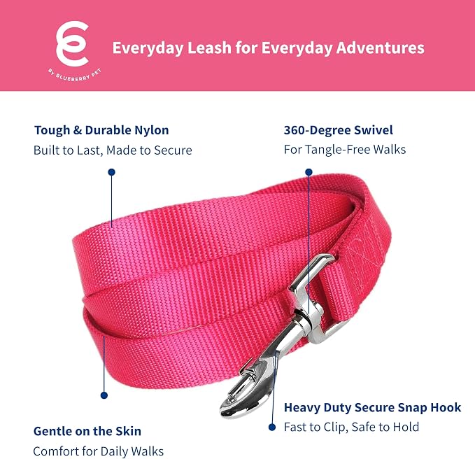 Blueberry Pet Essentials French Pink Dog Leash for Large - 4' * 1" Dogs | Heavy Duty Nylon Lead | Lightweight Puppy & Cat Leash for Walking & Training