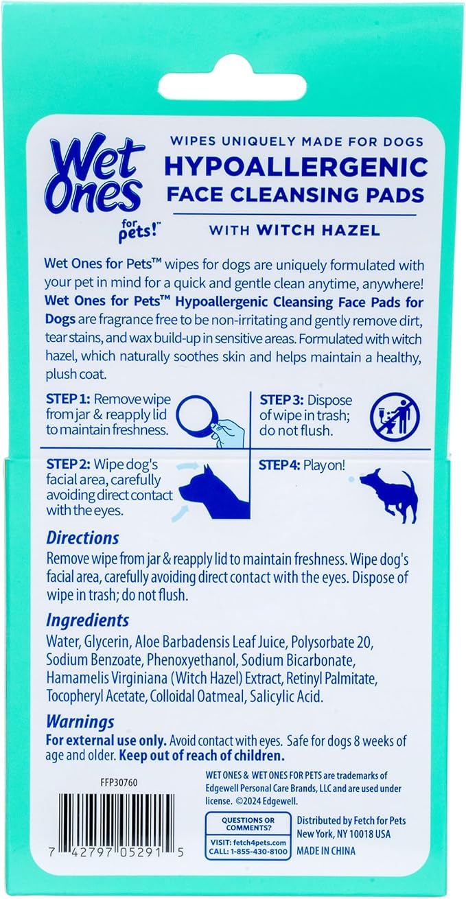 Wet Ones for Pets Hypoallergenic Face Cleansing Pads for Dogs, Fragrance Free - Small, Disposable Round Dog Face Cleaning Wipes, Extra Gentle, 50 Count (Pack of 2)