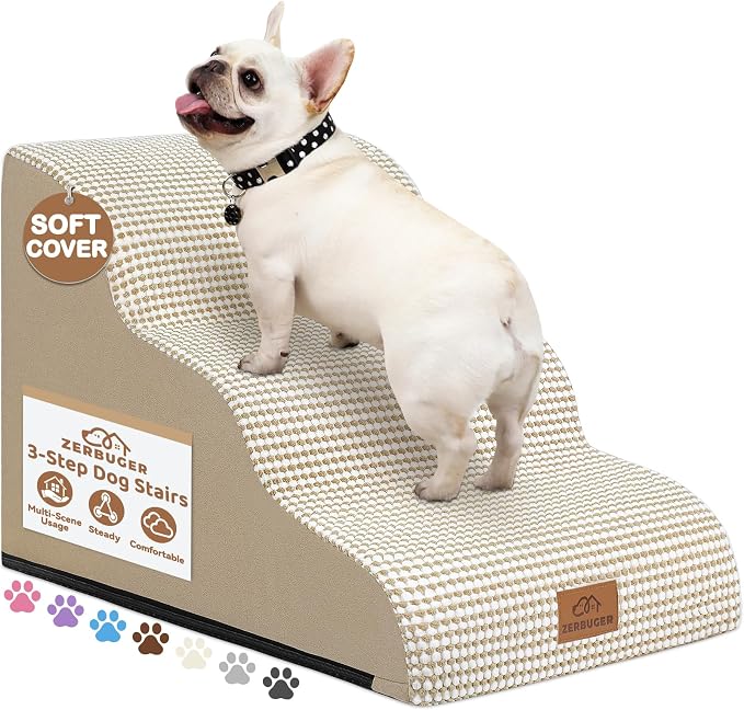 Zerbuger Dog Ramp and Stair for Bed 16" H-20 H,3-Step Cat Stair for Sofa and Chair,4-Step Dog Ramp for High Bed and Window,Durable Nonslip Fabric Cover for Indoor (Beige-16 H, Pet Friendly, 3)