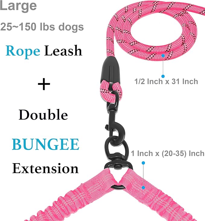 iYoShop Double Dog Leash, 360° Swivel, No Tangle, Large, 25-150 lbs, Pink | Dual Leash for Two Dogs, Split Leash, Shock-Absorbing Bungee, Padded Handle, Heavy-Duty Rope
