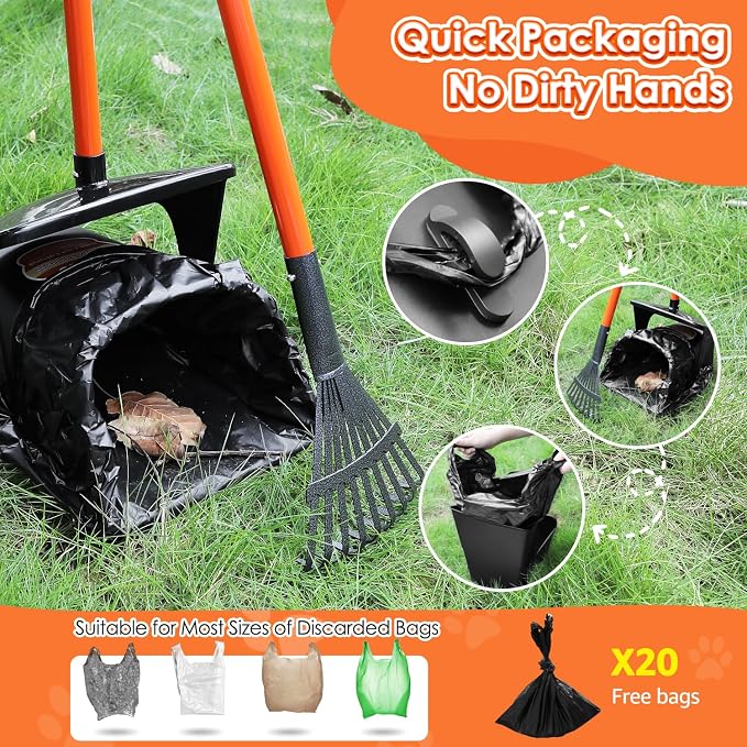 Lukovee Dog Pooper Scooper, 37.4" Long Adjustable Metal Handle Swivel Bin & Rake & Spade Kit with 20 Poop Bags, Portable Dog Non-Breakable Poop Scooper for Gravel Yard Lawn Grass, Orange