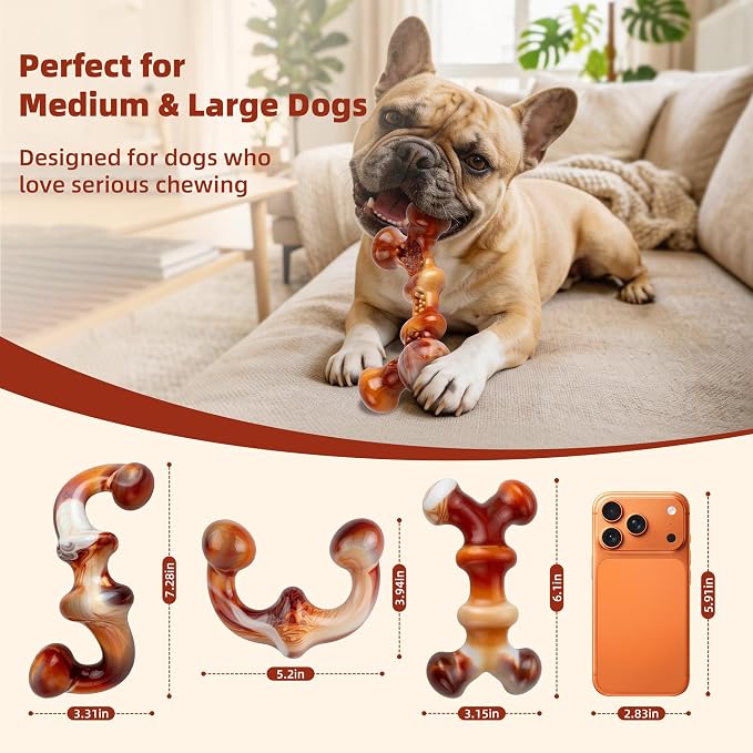 Dog Chew Toys for Aggressive Chewers, 3-Pack Tough Nylon | Dog Bones with Bacon Flavor for Medium & Large Dogs, Dental Cleaning, 3 Unique Shapes, Keeps Dogs Busy