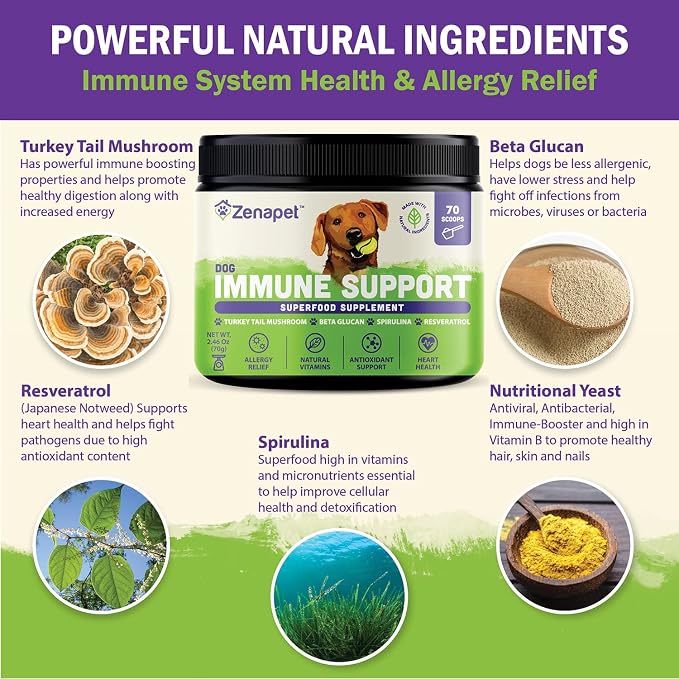 Dog Immune Support Premium Powder Topper, Turkey Tail, Spirulina & Beta-Glucan, Supports a Healthy Immune System & Digestion, Human-Grade, Made in USA