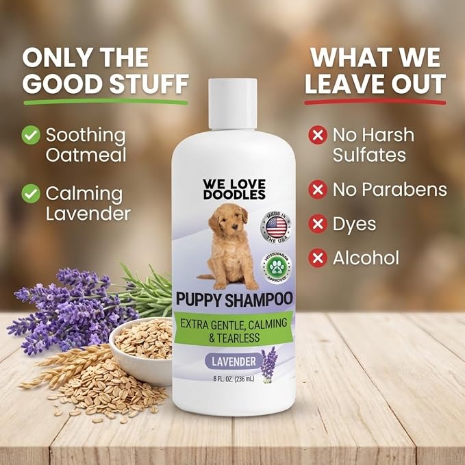 Puppy Shampoo & Conditioner, Tearless Hypoallergenic Wash, Lavender, 8 oz | Best Gentle Tear Free Puppy Shampoo 8+ Weeks Old, Sensitive Skin Golden Doodle Dog & Poodle Bath Soap, Natural, Made In USA