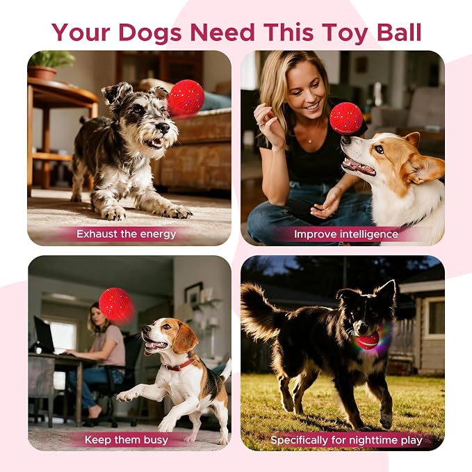 Dog Toys for Small Medium Dog to Keep Them Busy, Smart Interactive Dog Toys, Automatic Moving Bouncy Dog Balls 3-Modes with Lights, Motion Activated Rolling Dog Balls, Mental Stimulation, E-TPU Red
