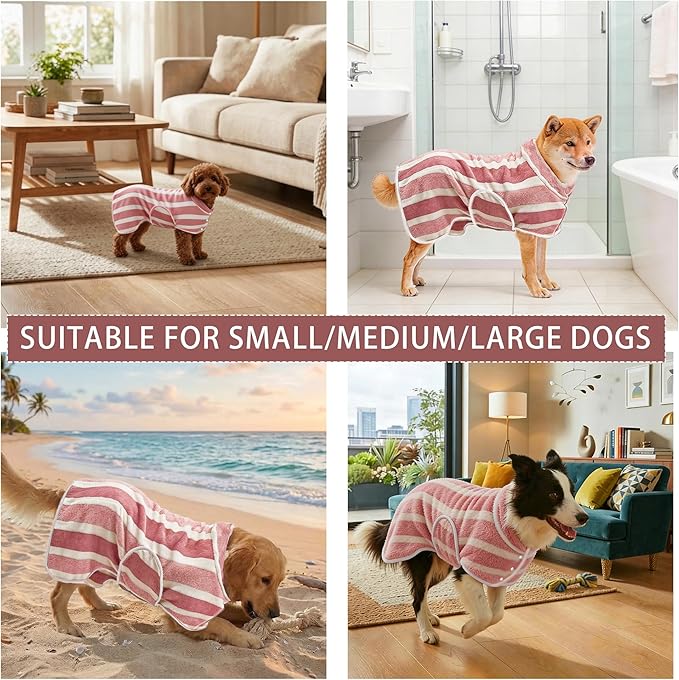 Fast Drying Dog Bath Robe, Super Absorbent Stripes Dogs Towel, Adjustable Warm Keeping Pet Puppy Bath Supplies (Red, S)