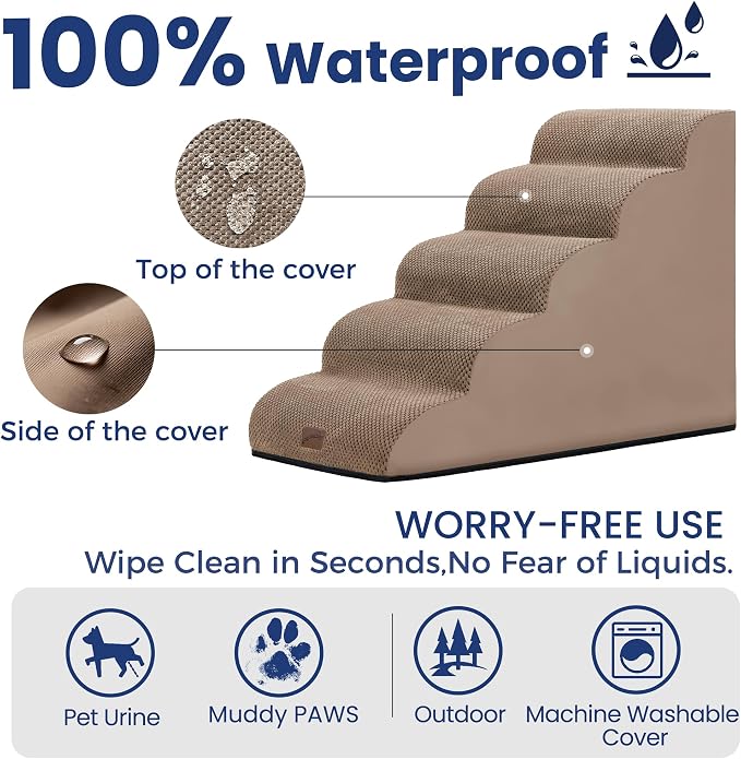GoGoBunny Ramp Dog Stairs for High Beds 22.6" H, 5-Step Dog Slope Stairs with Durable Waterproof Fabric Cover, Pet Steps for Old Large Dogs Climbing, Non-Slip Sturdy Indoor Step, Camel