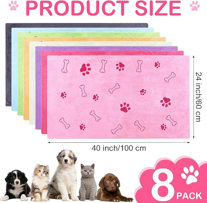 Chumia 8 Pcs Dog Towels for Drying Dogs Cats Pet Towels Bulk Puppy Microfiber Fast Drying Paw Bath Bathing Supplies Absorbent for Medium Pets(40 x 24 Inch,Dog Paw and Bone,Sweet Color)