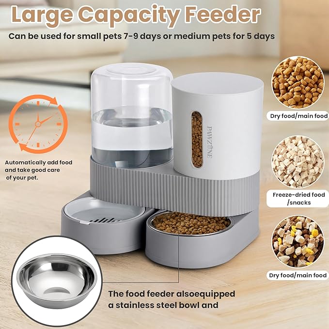 2 Pack Automatic Cat Feeder Stainless Steel Water Dispenser Gravity Food Feeder and Waterer Set with Pet Food Bowl for Small Medium Kitten Puppy Pets Large Capacity(Grey)